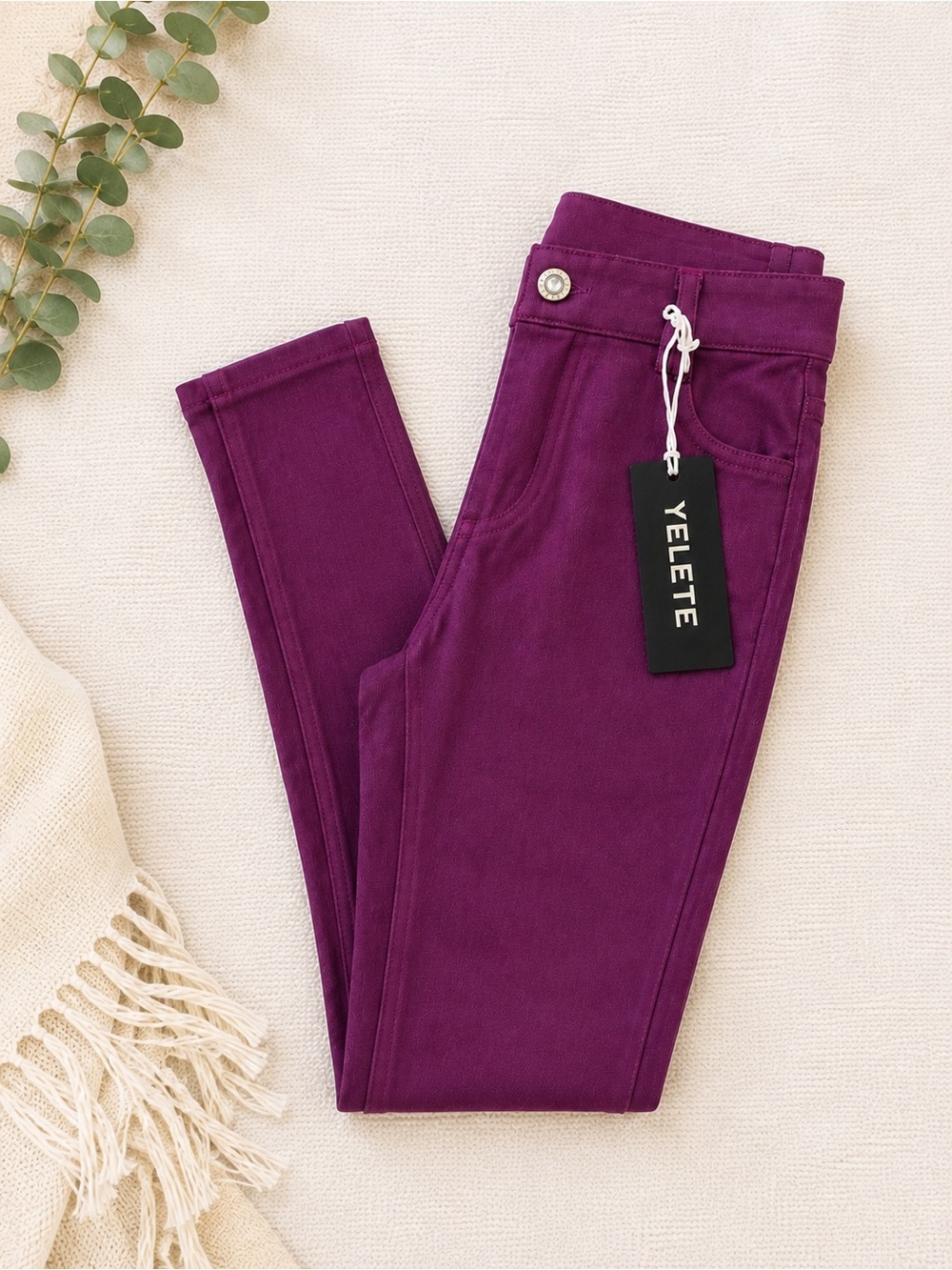 NWT Yelete Plum Purple Pull-On Jeggings Rhinestone Button Size S